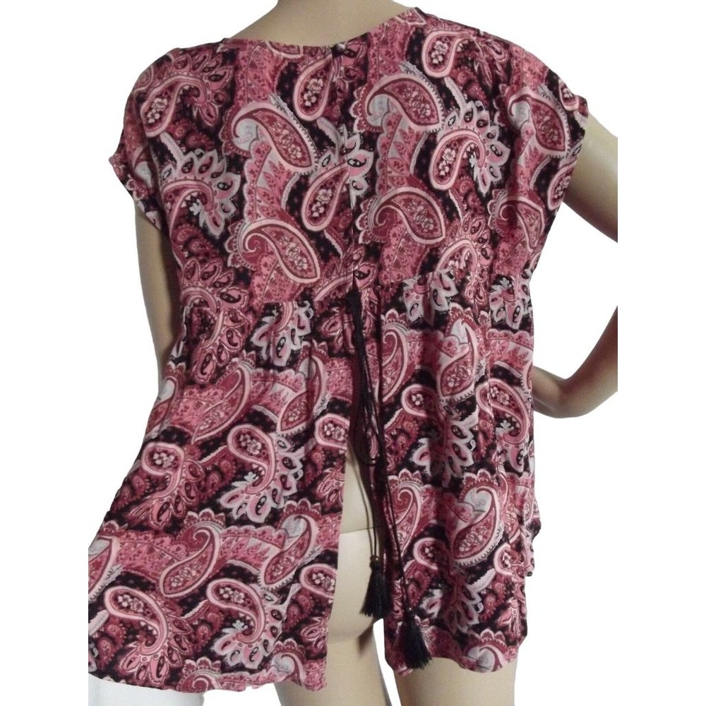 Express Medium Pink Black Paisley Print Open Back Boho Blouse top shirt M 8-10